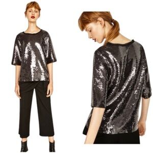ZARA Women’s Black Silver Sequin Relaxed Disco Top Size S